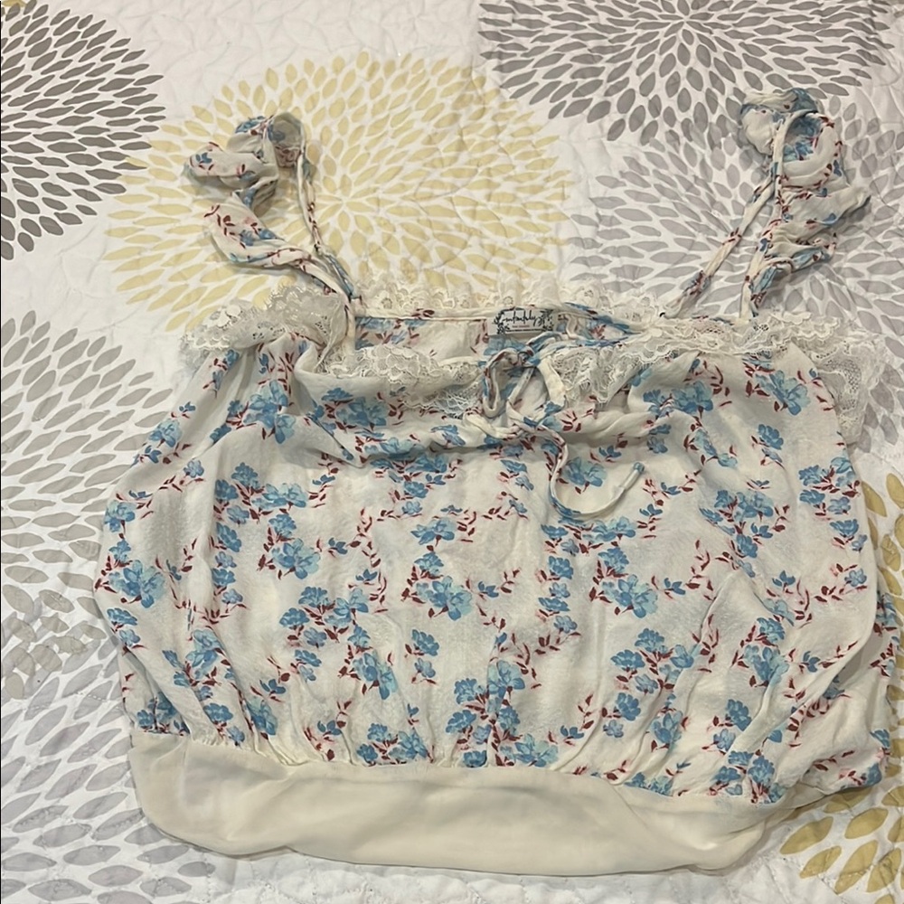 Free People Floral Ruffle Top - Blue and Red